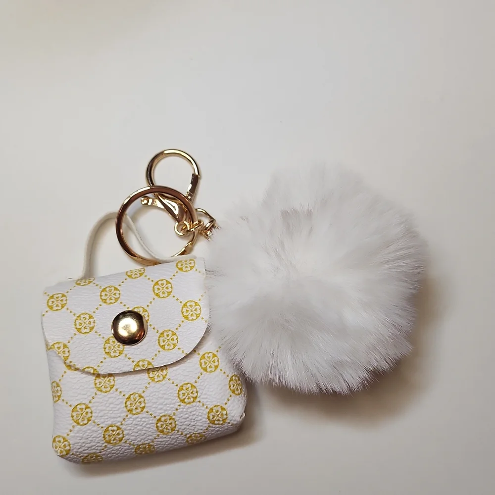 White and Gold Patterned Keychain Pouch with Pom Pom - Picture 1 of 1